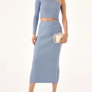 Zara Blue Ribbed One-Shoulder Midi Skirt set